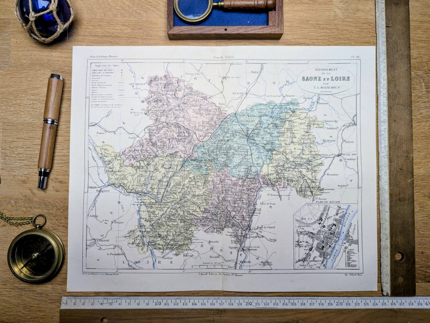 Saône-et-Loire, old map, printed in 1883.