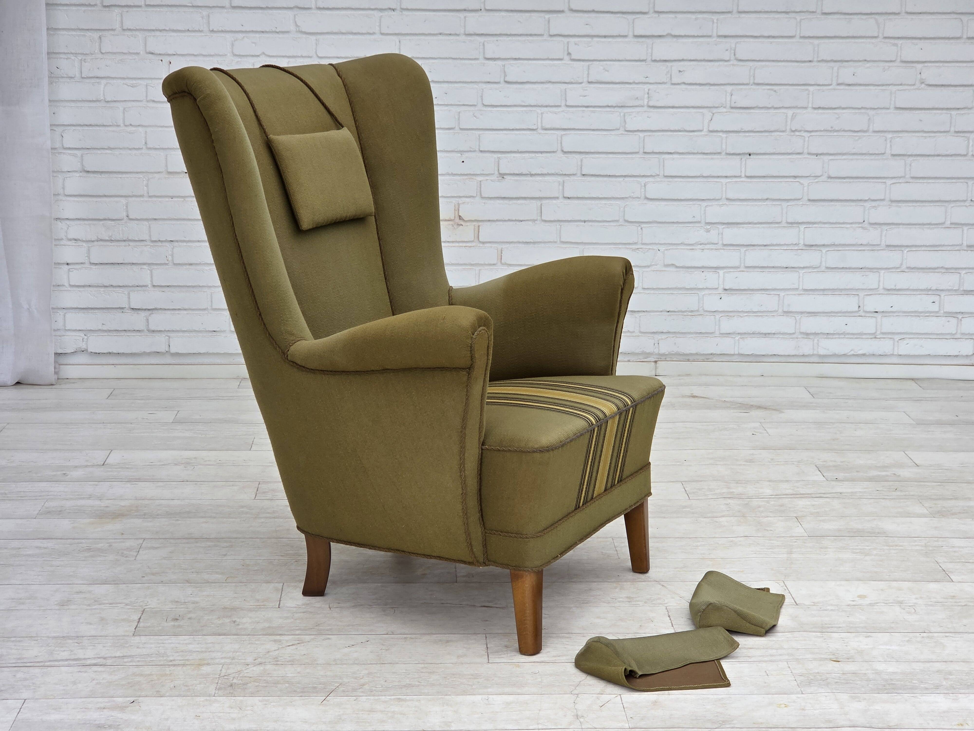 1960s, Danish highback armchair, original green furniture wool.