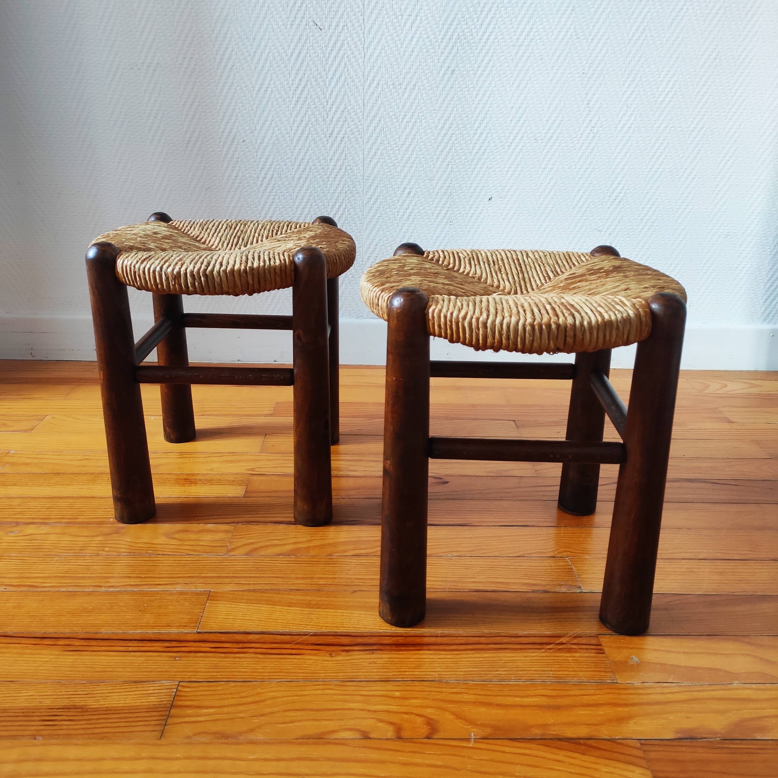 Brutalist wooden and straw stools - France 1950