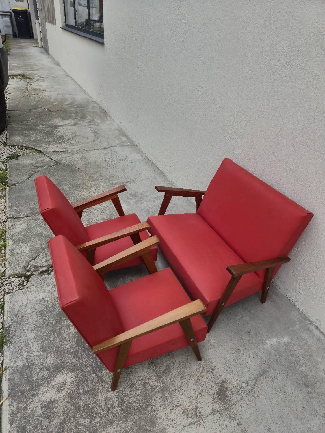 Vintage 1950s children's sofa and two armchairs with compass feet