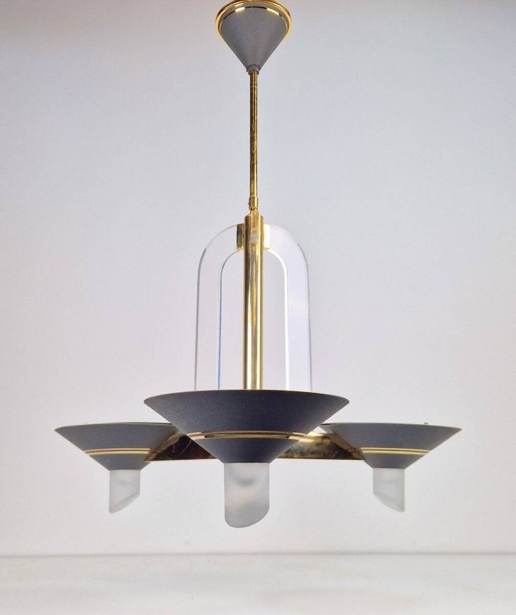 Vintage French Brass Acrylic Chandelier, 1970s