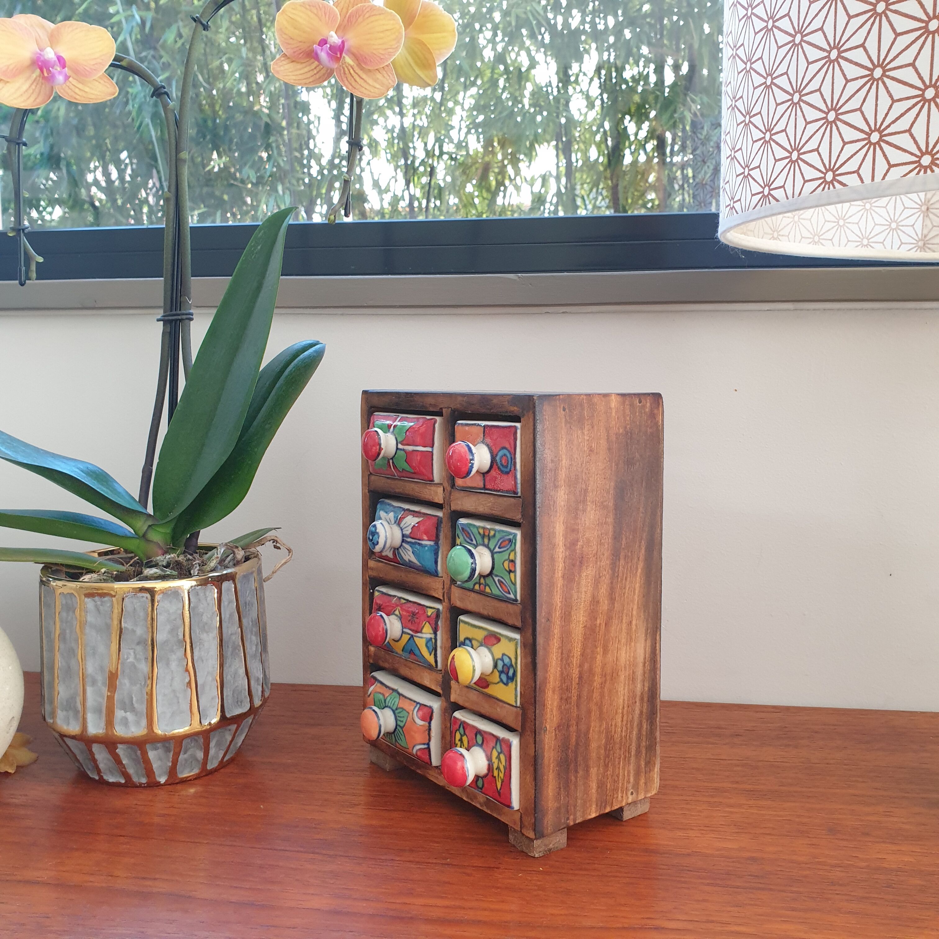Vintage box with wood and ceramic drawers