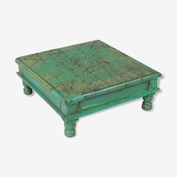 Table Low Carre Bajot Green Patina and Piece of Old Teck Origin