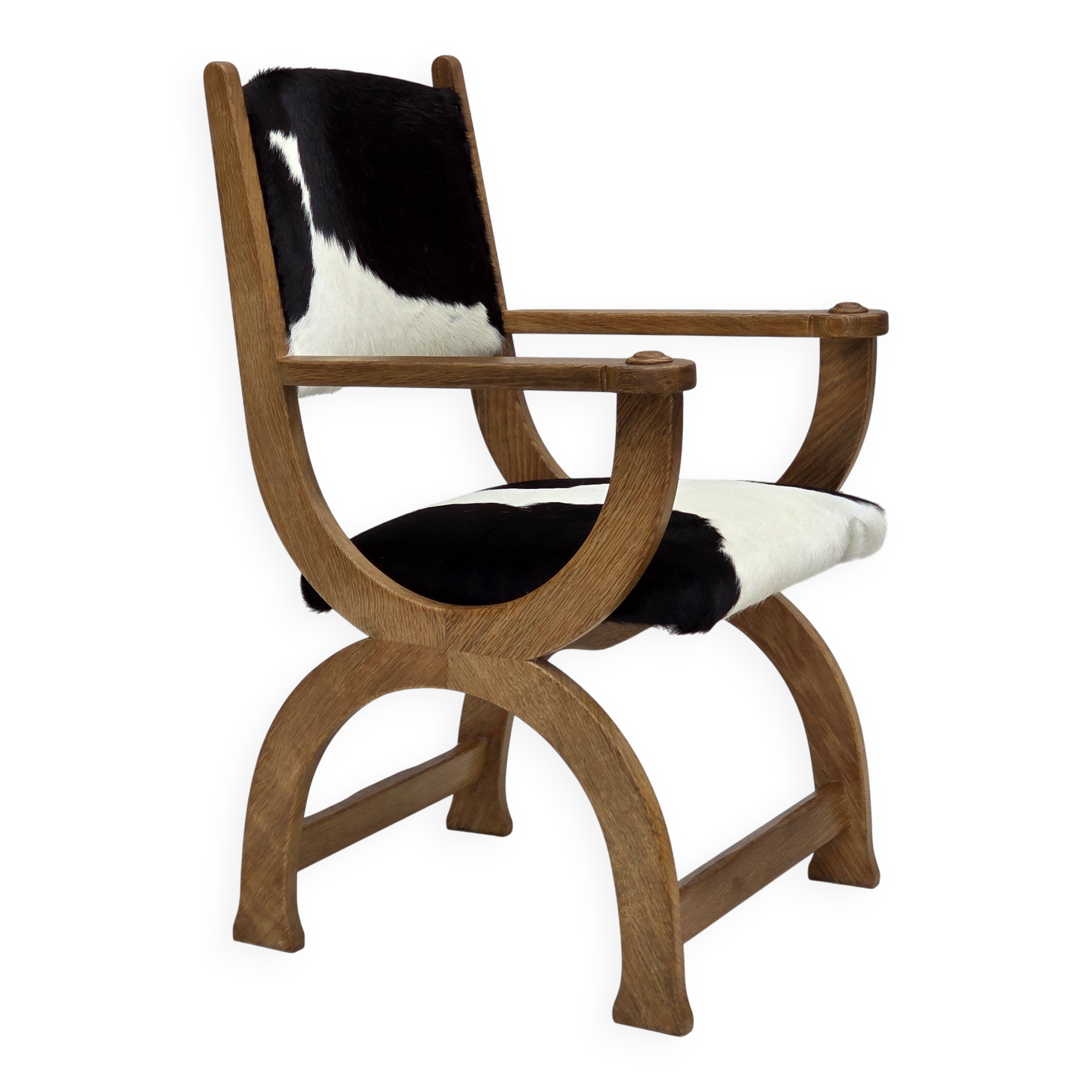 1960s, Danish highback armchair, genuine cowhide, oak wood, reupholstered.