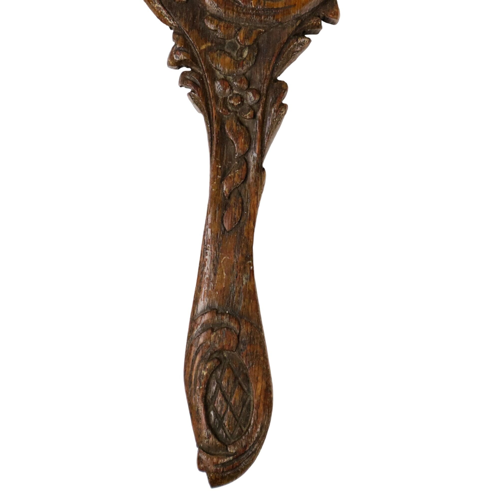 Old wooden hand mirror solid oak baroque flowers fish 39cm