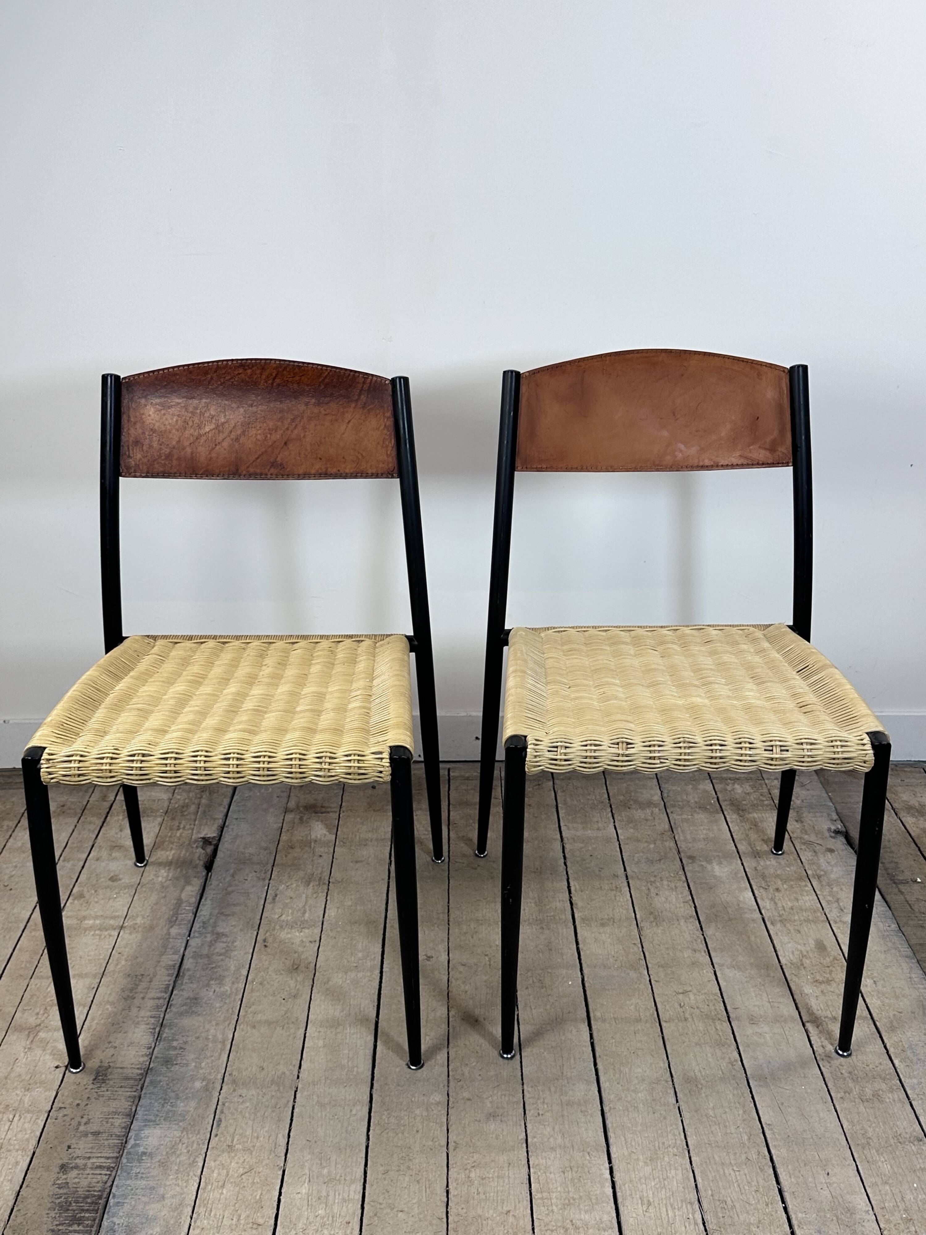 Chairs (set of 2) in metal, leather and straw 1960's