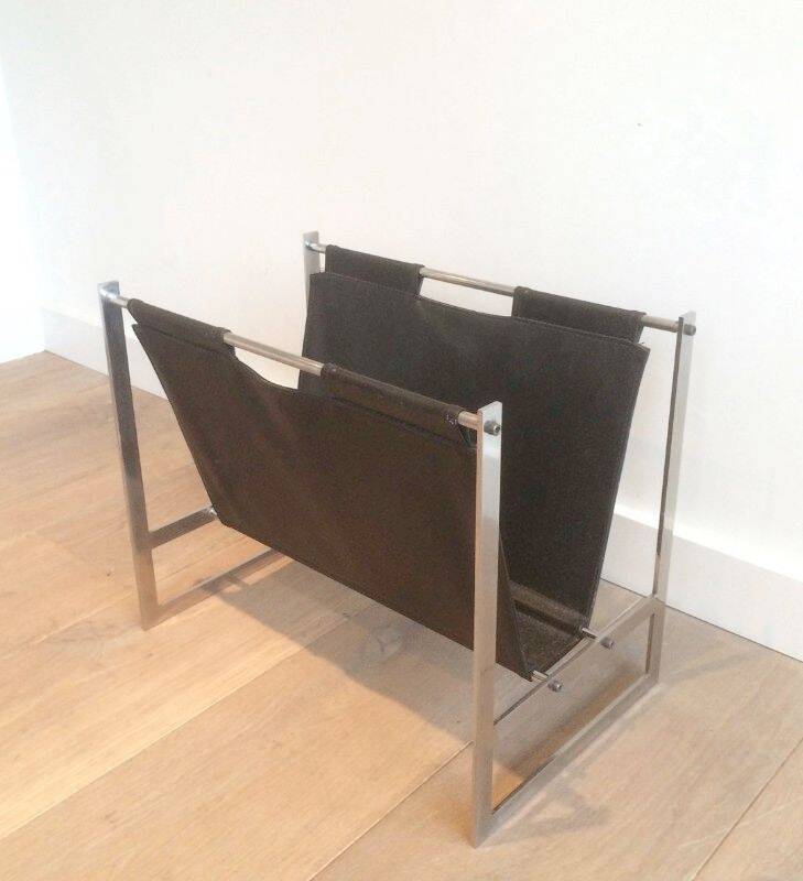 Magazine rack in brushed steel and leather, in the style of Poul Kjaerholm