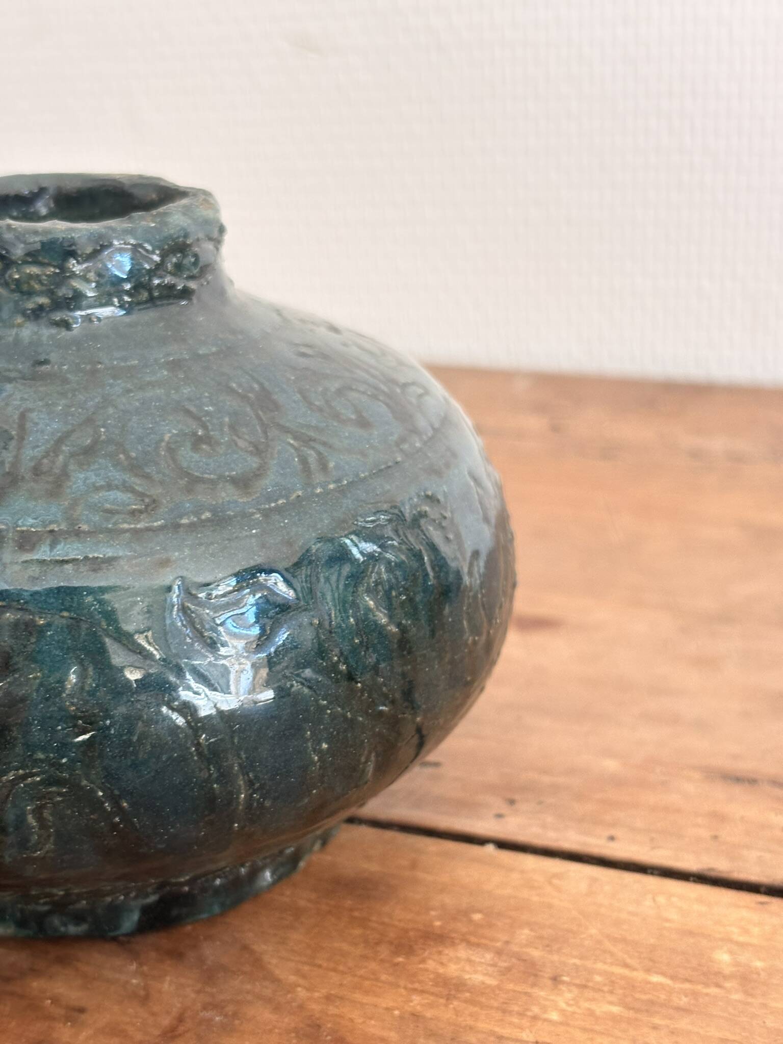 Glazed Engraved Bowl Vase with Geometric Flowers, Popular Art from the 50s