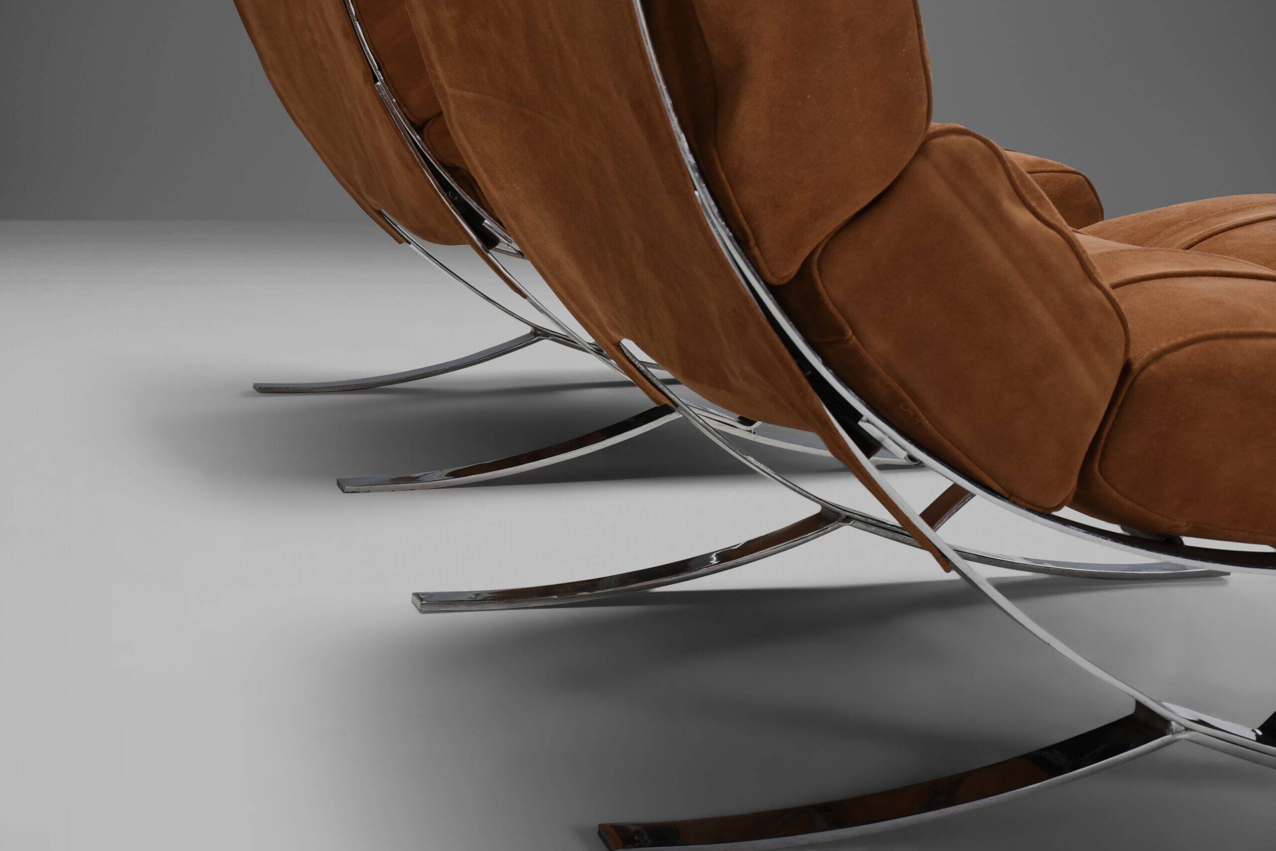 Impressive suede and chrome lounge chairs, France 1970s