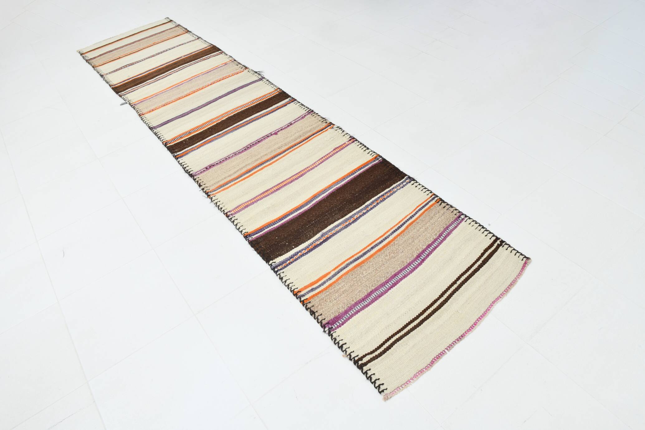 2x11 Brown & Cream Vintage Kilim Runner Rug, 75x337Cm