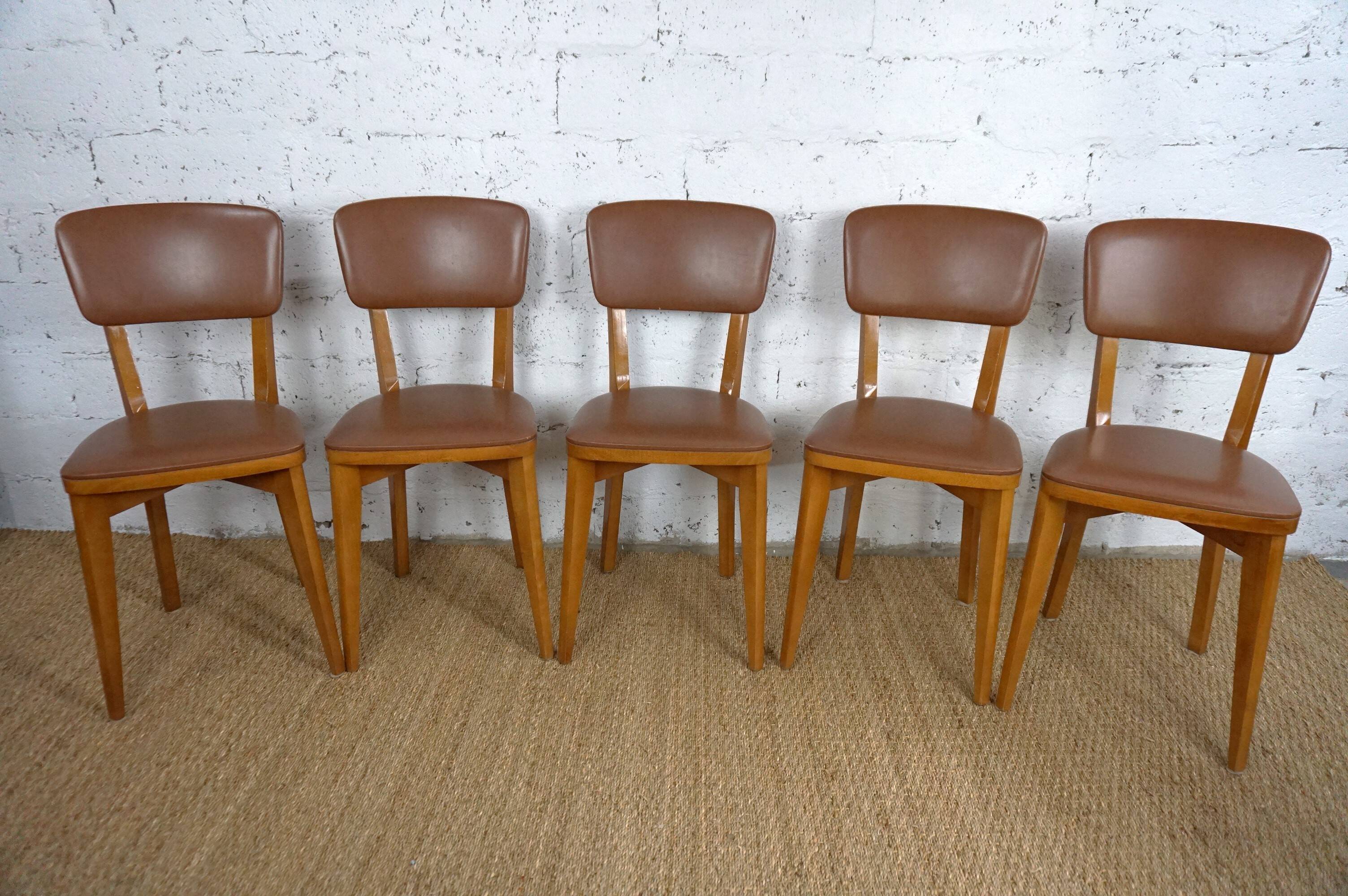 5 1960s Scandinavian style chairs in brown wood and skai, French handcrafted by Raincy