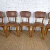 5 1960s Scandinavian style chairs in brown wood and skai, French handcrafted by Raincy