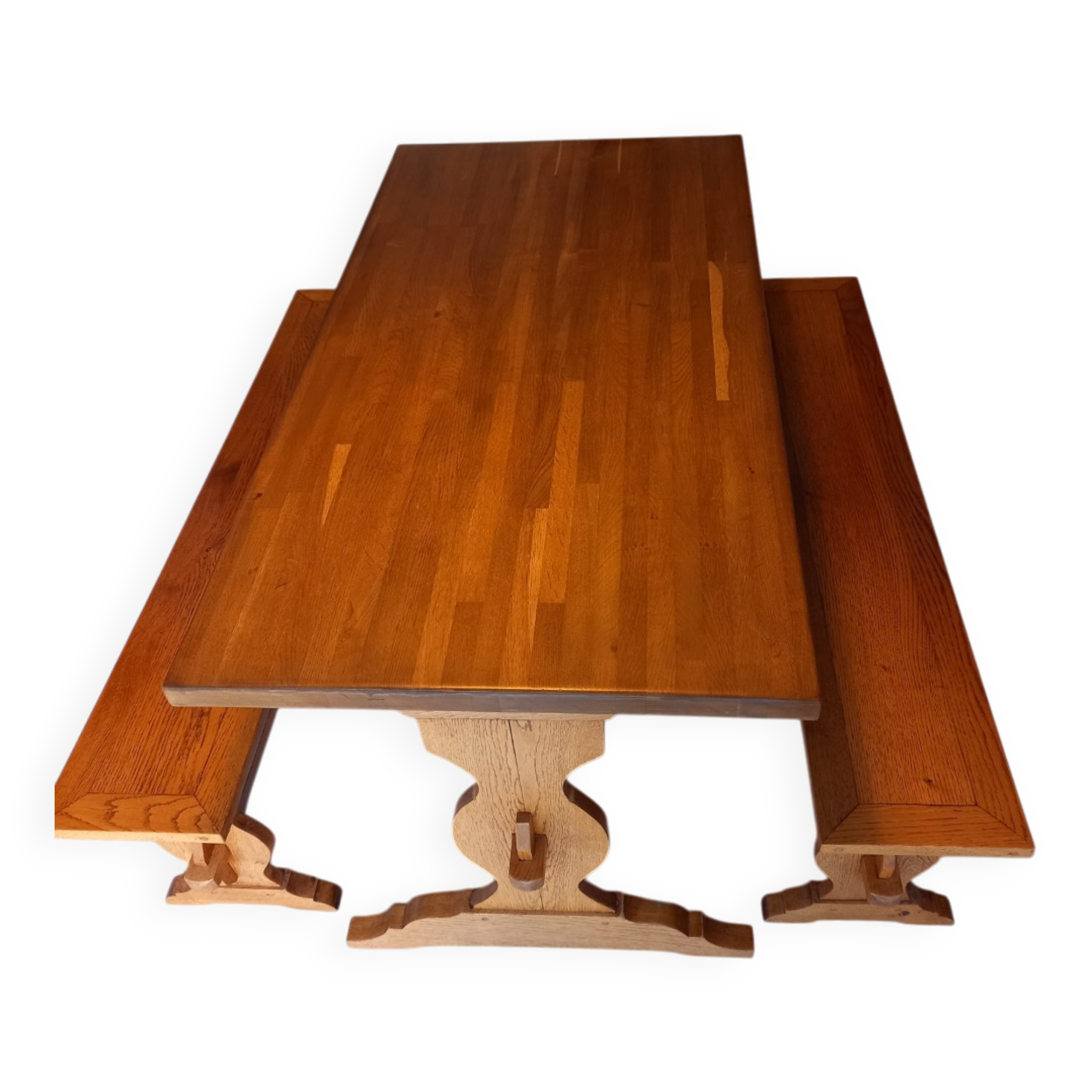 Solid oak table and its two benches made by a craftsman.