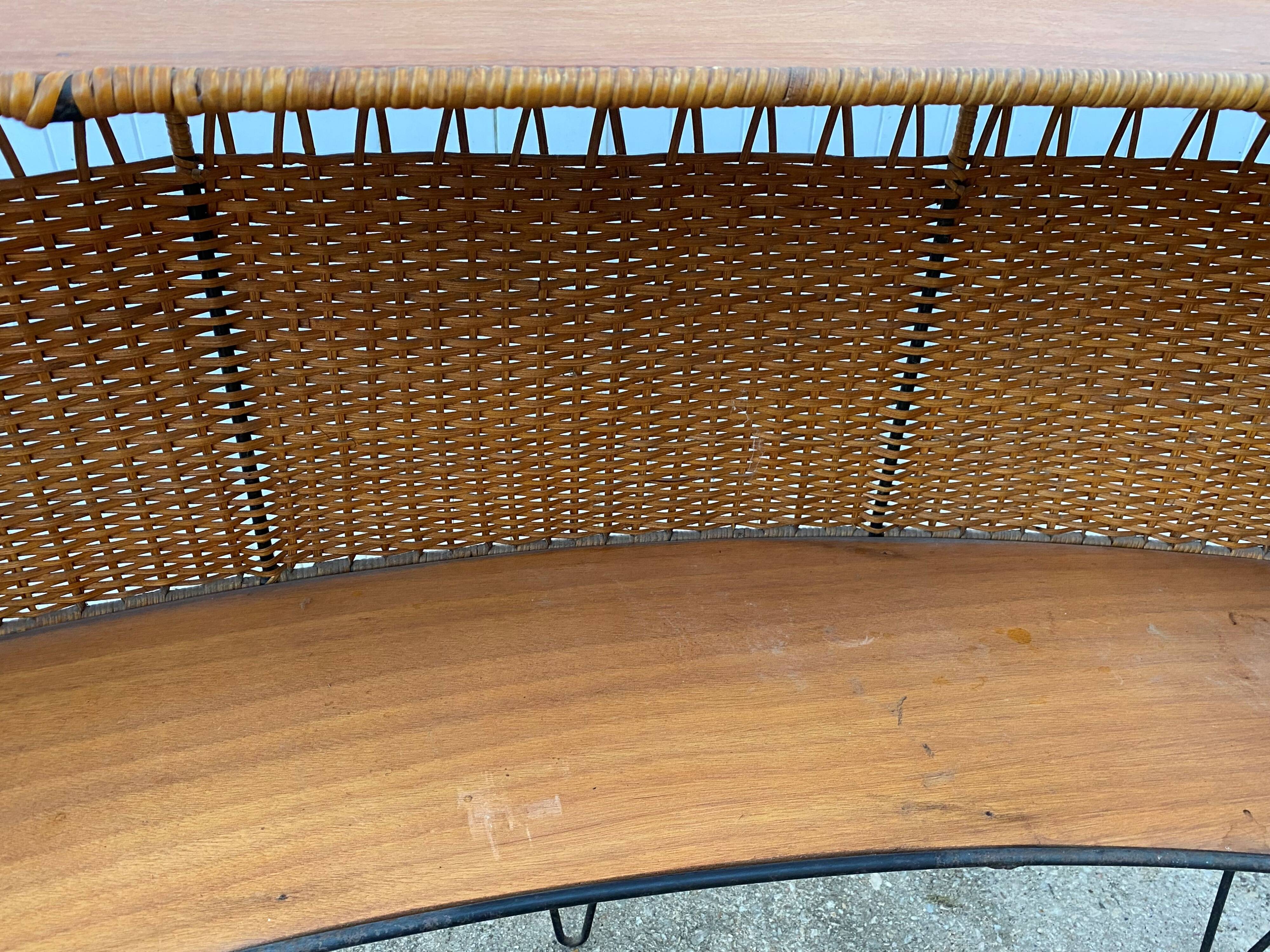 Vintage 1950s bar counter with two rattan and metal stools