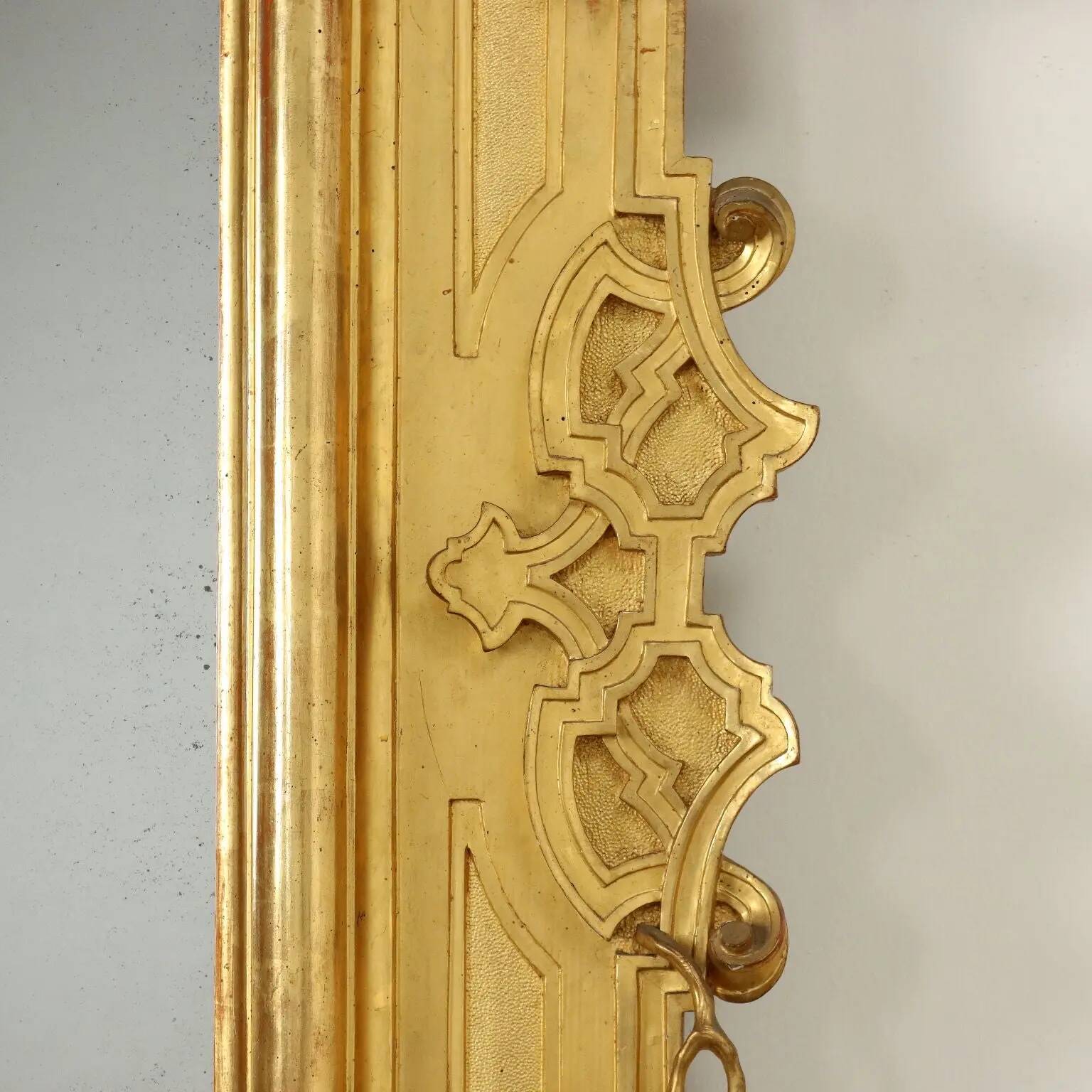 Large antique umber pine mirror from Switzerland, Italy, 19th century.