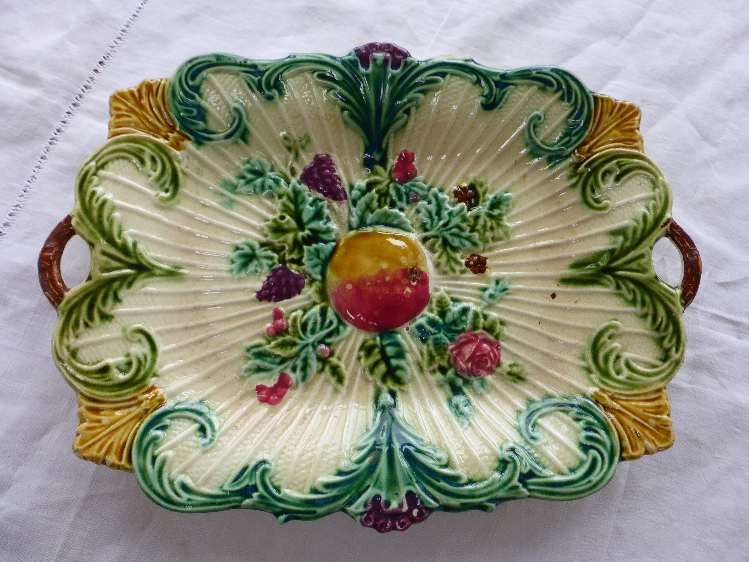 Fruit cut, dish in rectanguary shape, fruits and flowers, art deco