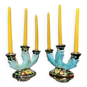 Vintage Earthenware Candle Holders Blue Black Gold - Decoration Pair of Monaco Vallauris Candlesticks