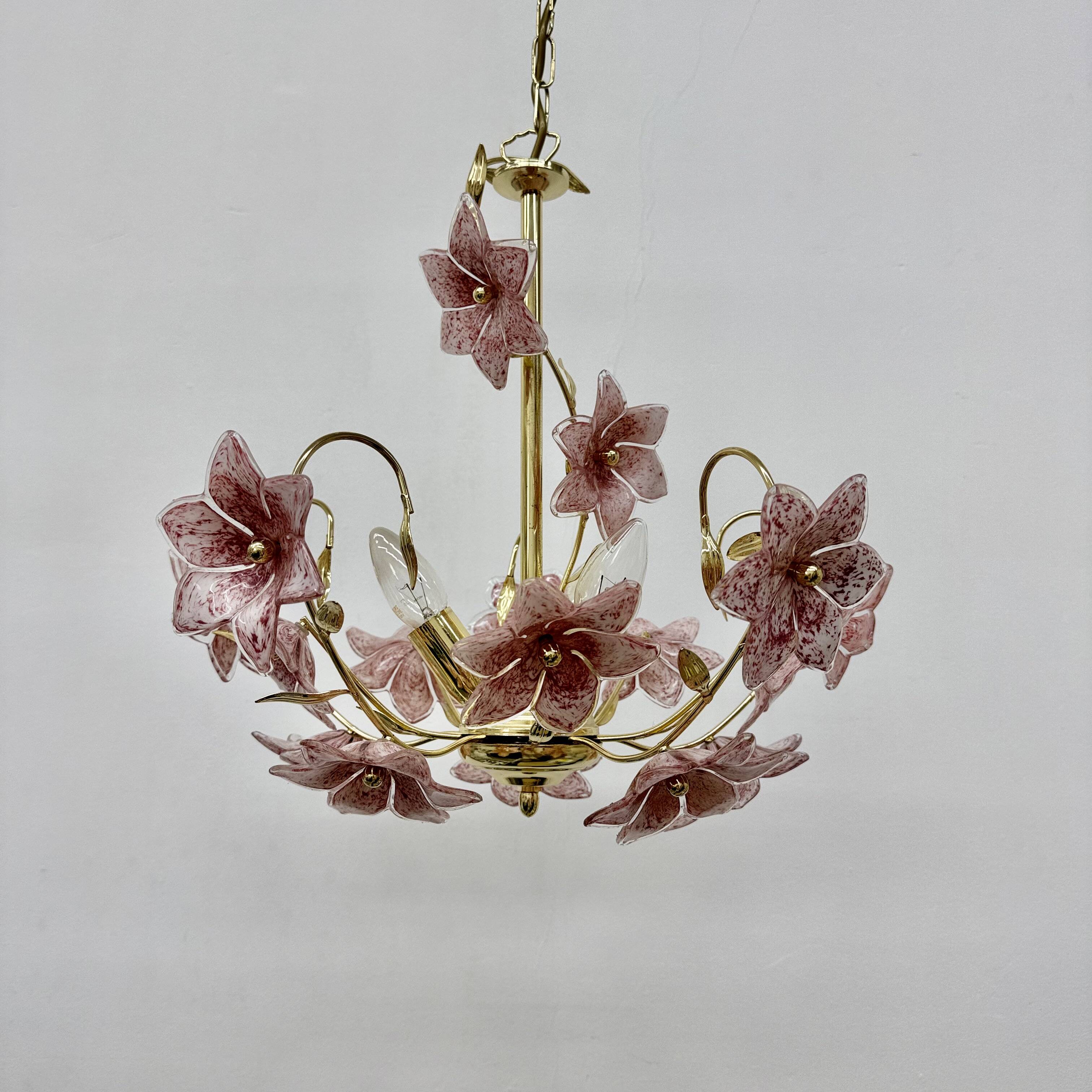 Chandelier with mourn glass pink flowers , 1970s