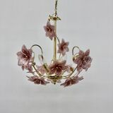 Chandelier with mourn glass pink flowers , 1970s