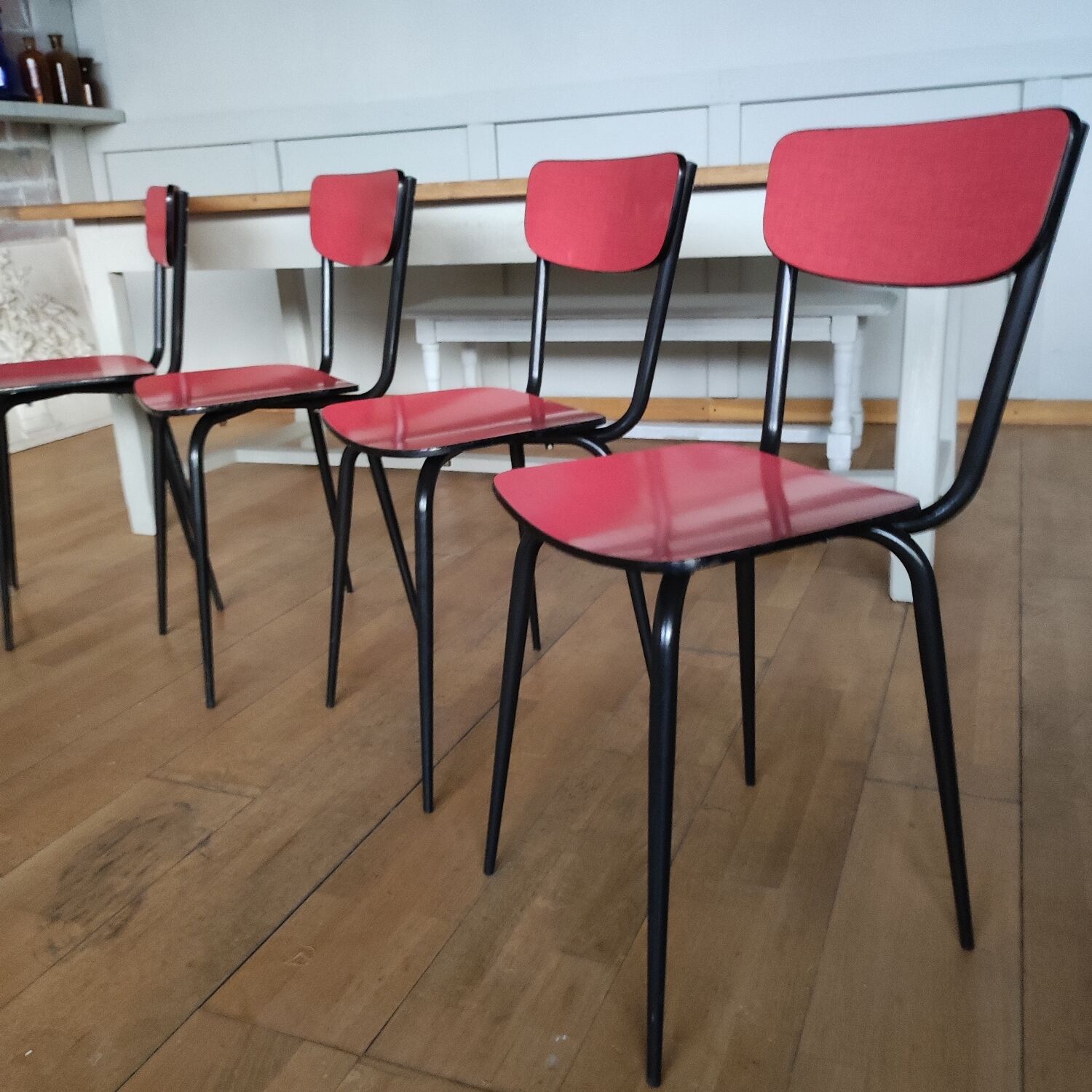 4 restored red formica chairs with black legs