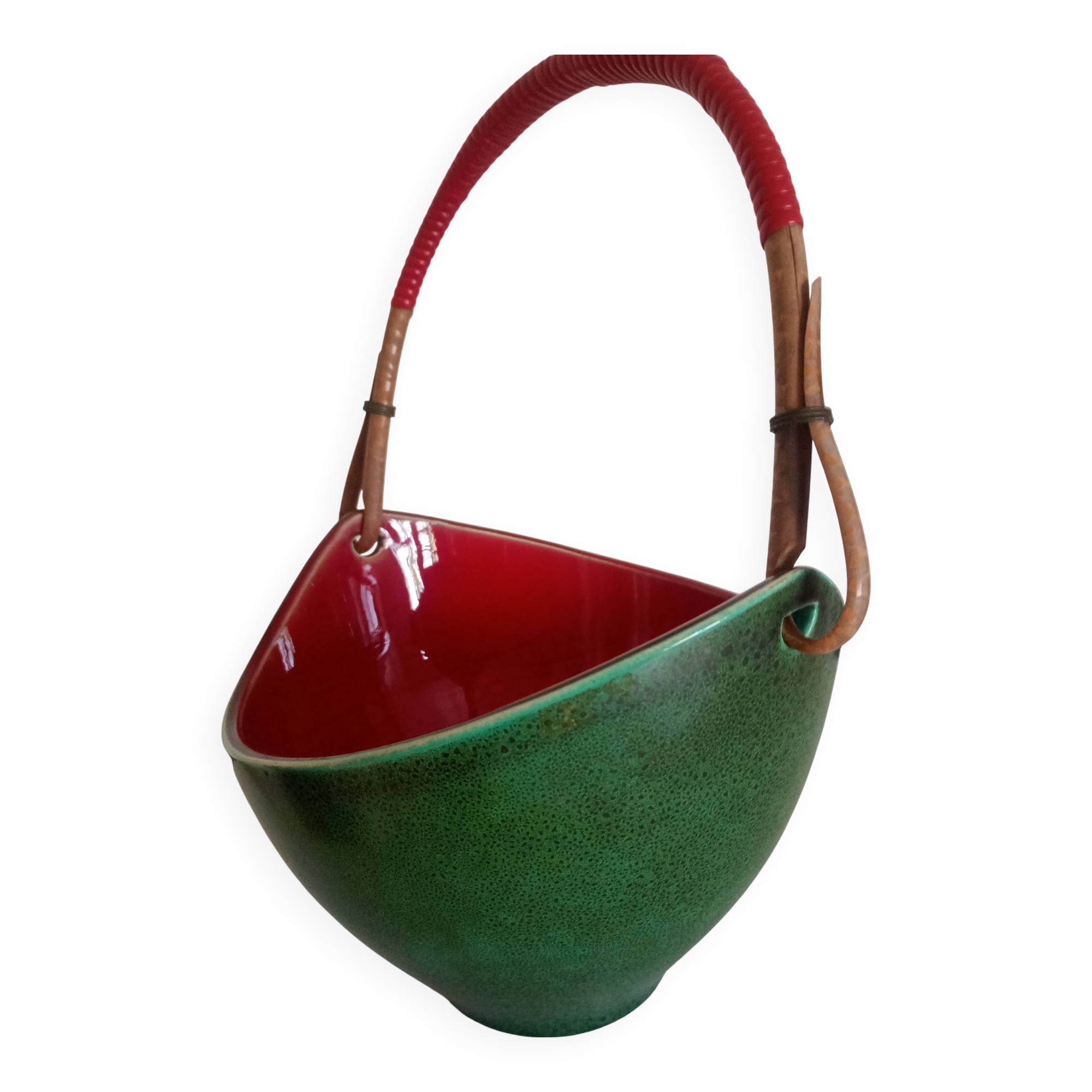 Leon elchinger soufflenheim - red and green ceramic fruit basket with handle