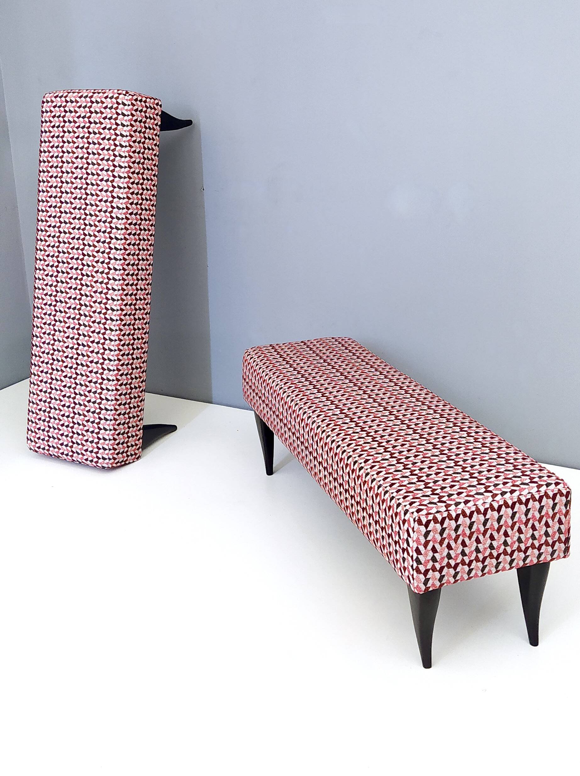 Pair of Benches with Red Patterned Fabric Upholstery, Italy