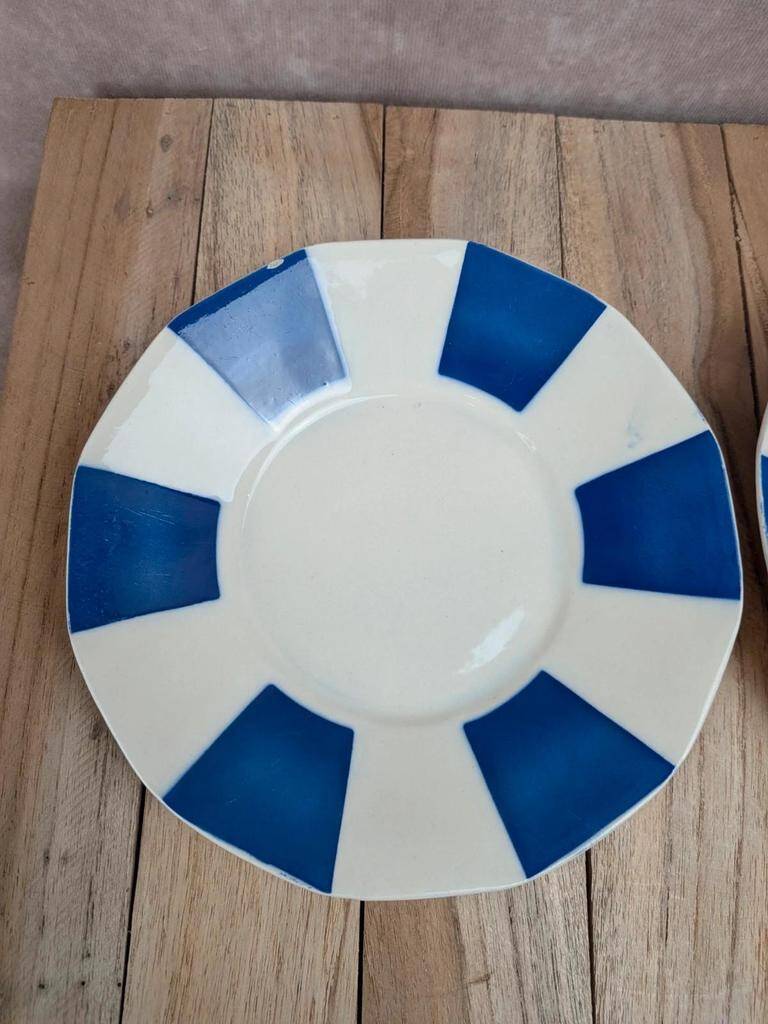 Set of 2 antique ironstone saucers from Badonviller – Cobalt blue Art Deco