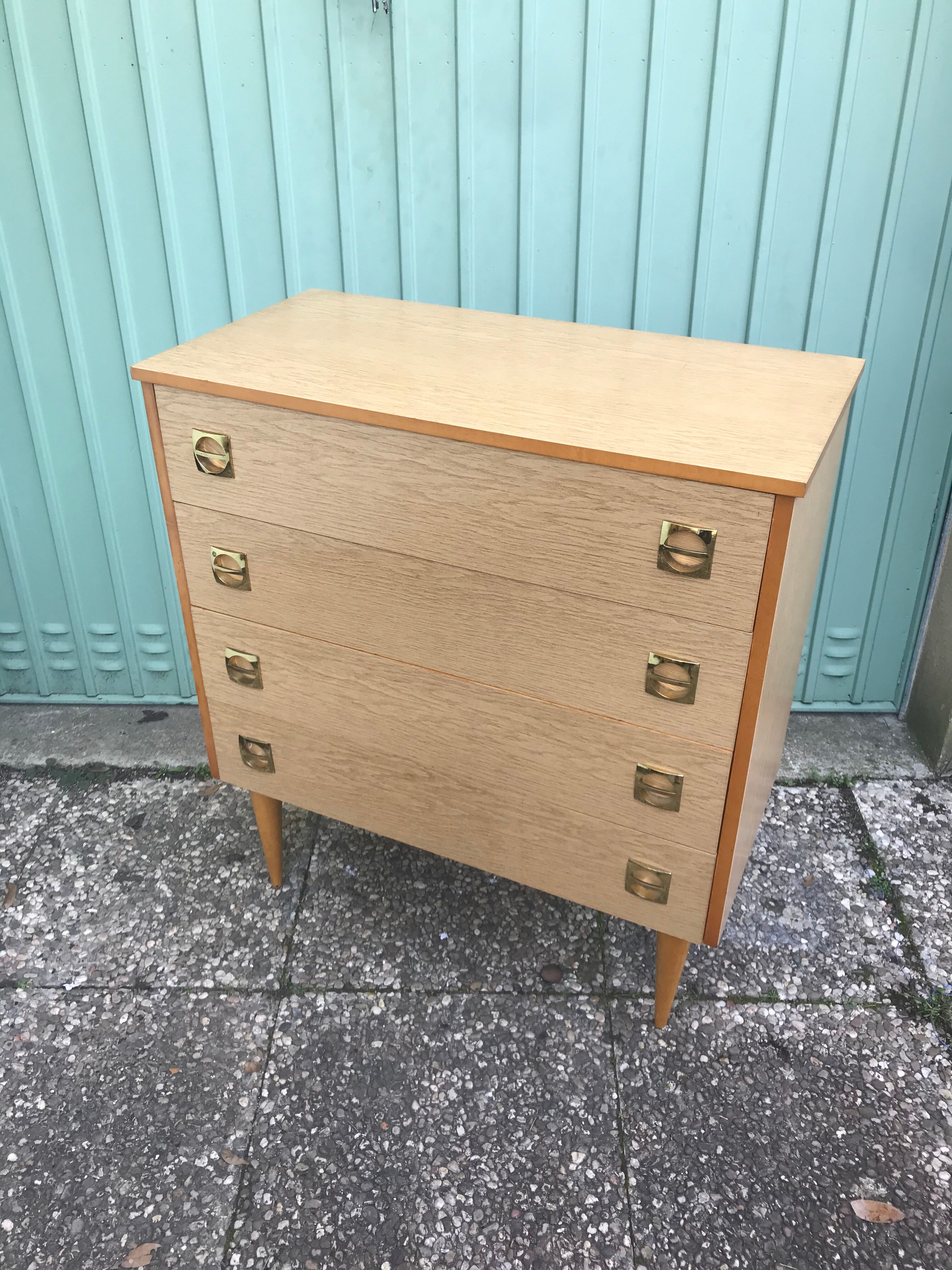 Old wooden chest of 4 drawers - handles brass feet compass 70s vintage