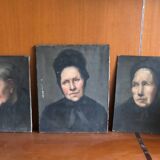 Triptyque portraits a l’huile anciens, femmes XIXe