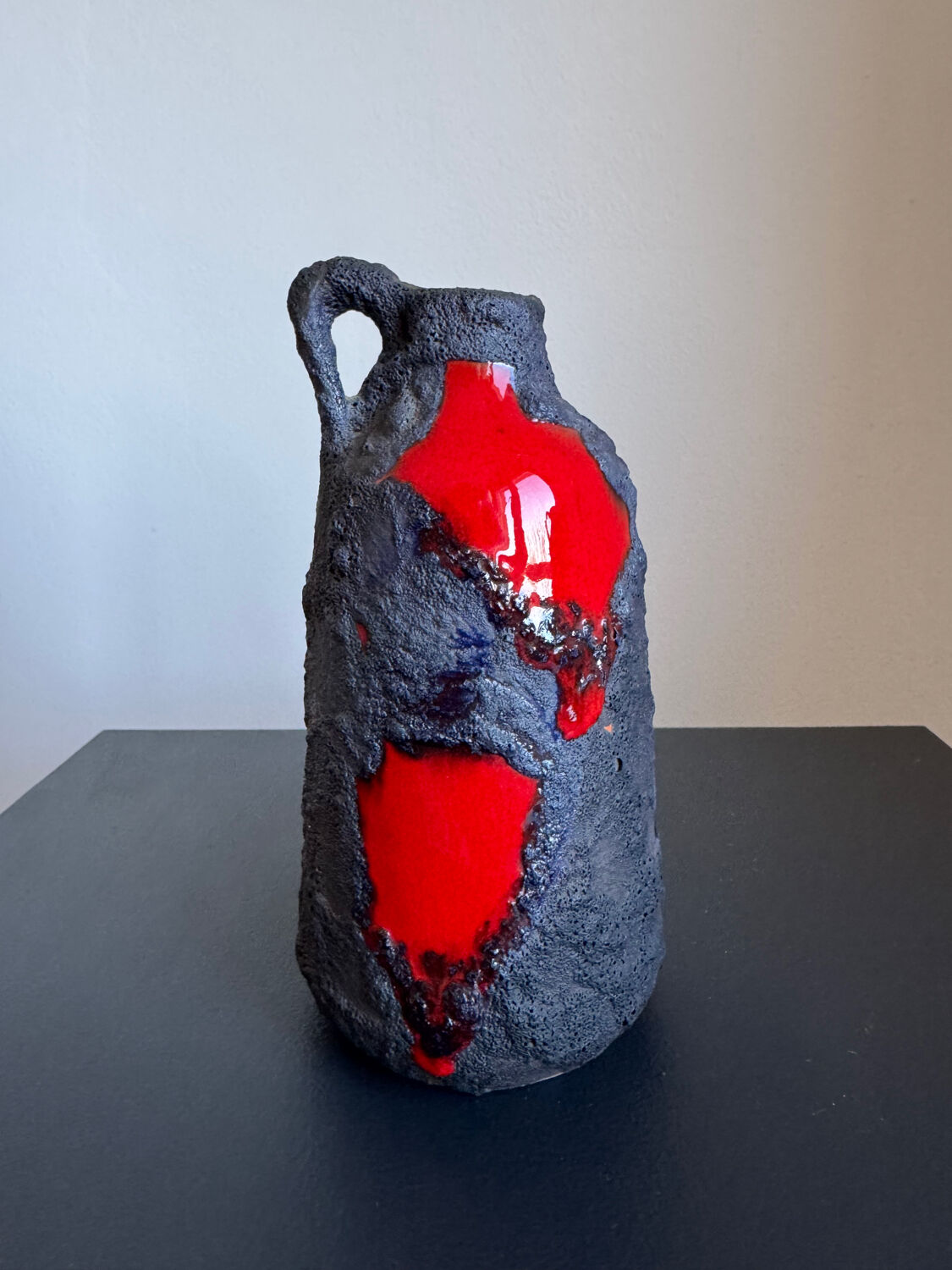 Vintage Mid Century Modern Fat Lava West German Black and Red Glazed V