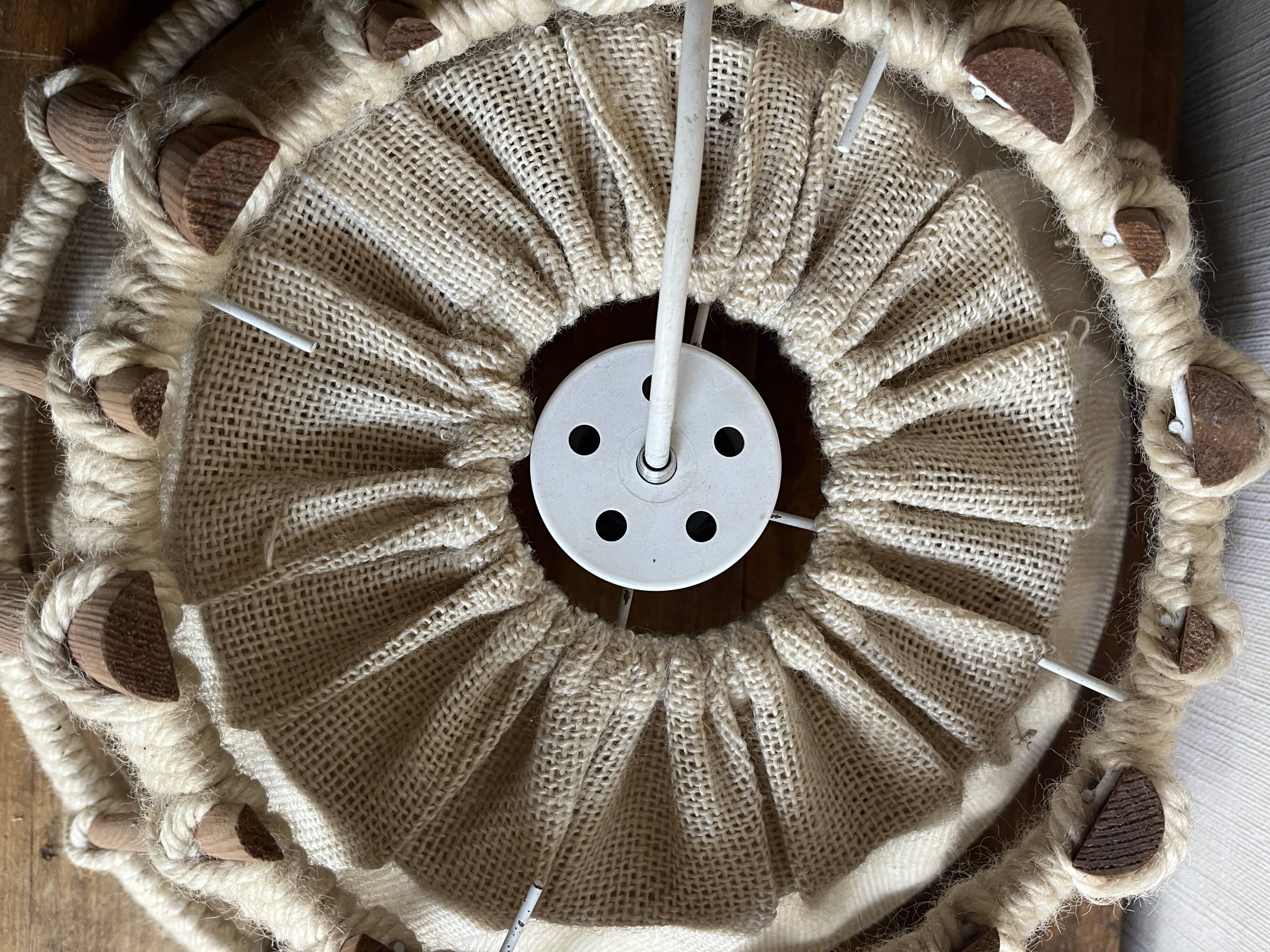 Large Scandinavian pendant light, natural wood, jute, wool, 70s