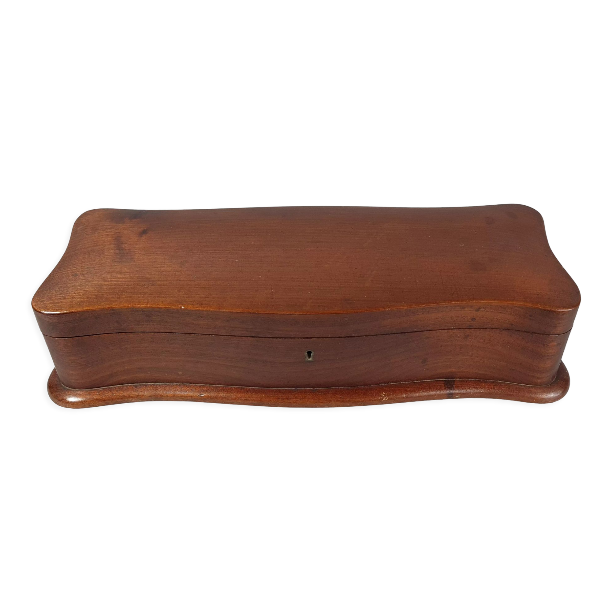 Old box sewing box shape chamturned wood interior fabrics SB