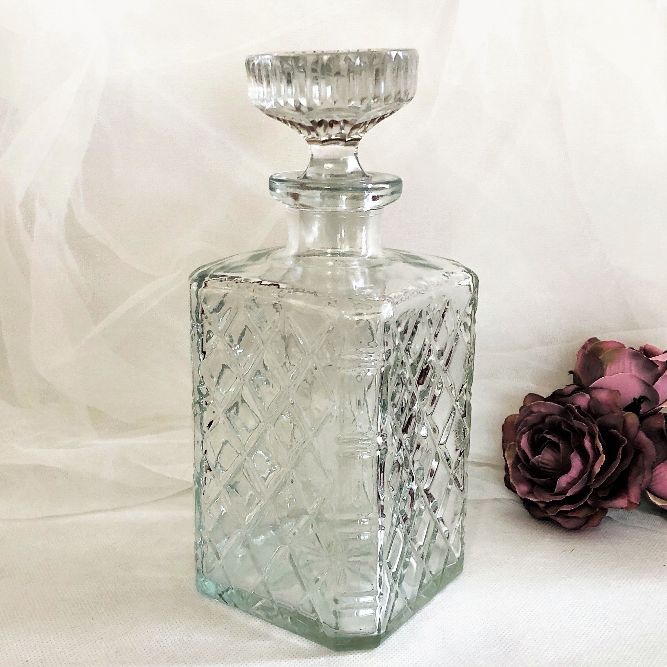 Old whisky or decant decanter textured crystal souflé in vintage checkerboard