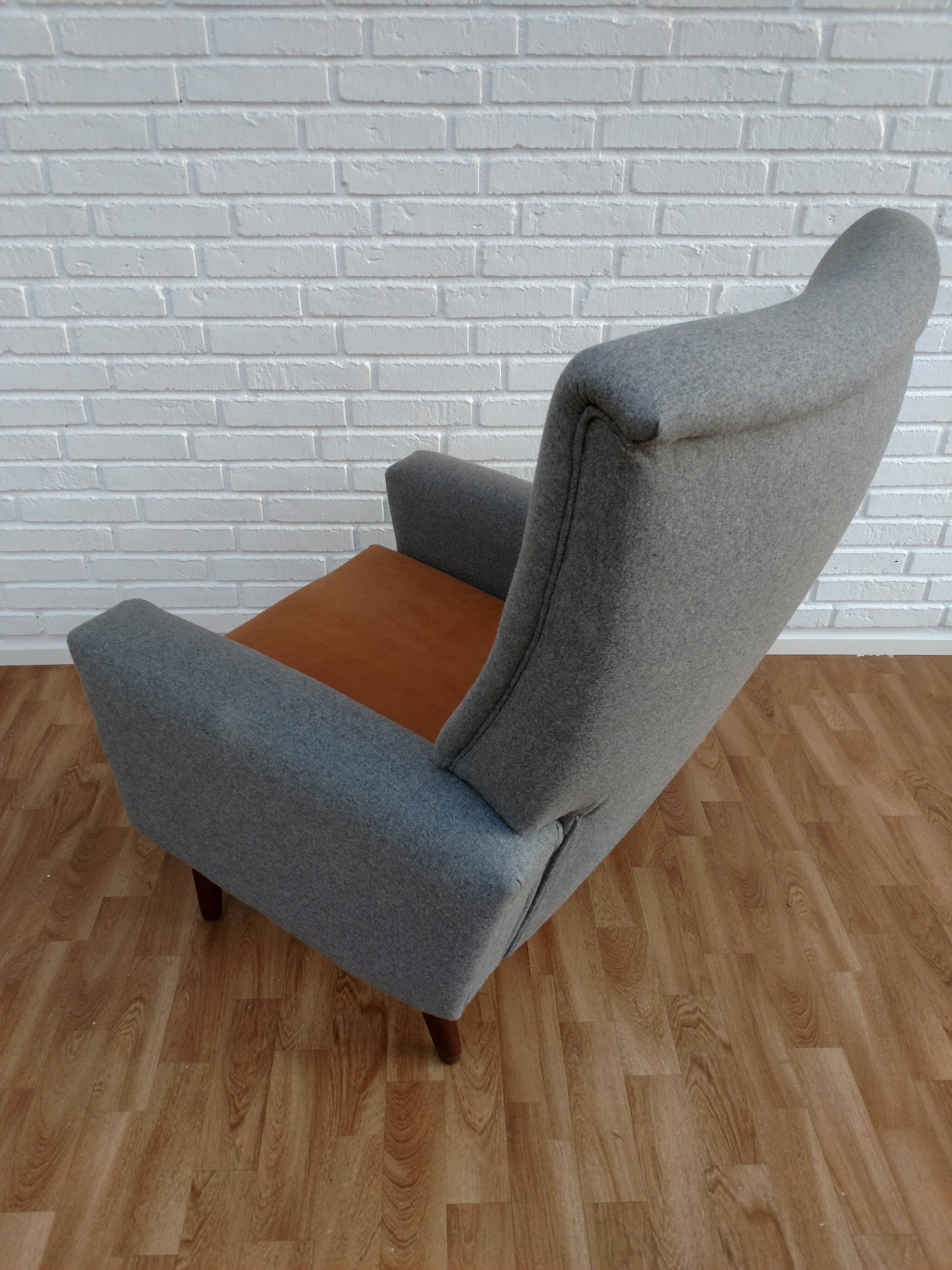 Danish designed armchair 70's, wool, nubuck leather, completely renovated