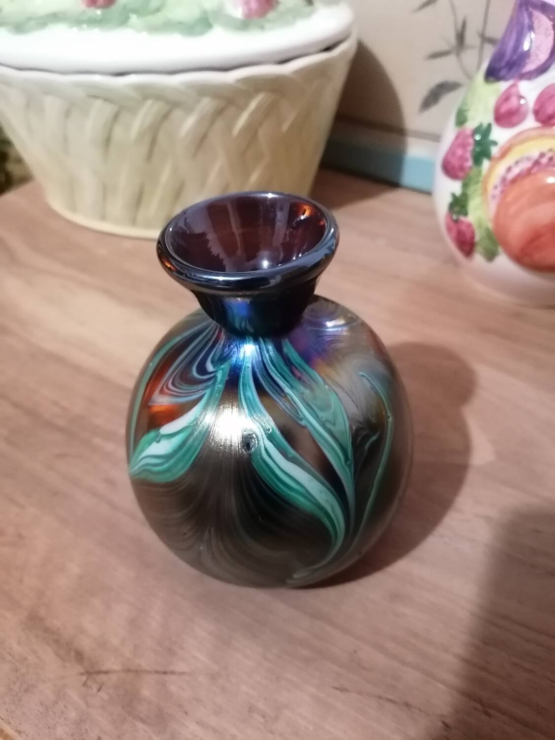 Iridescent marbled vase in the style of Loetz.