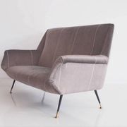 Italian velvet sofa in grey with black lacquered brass legs.