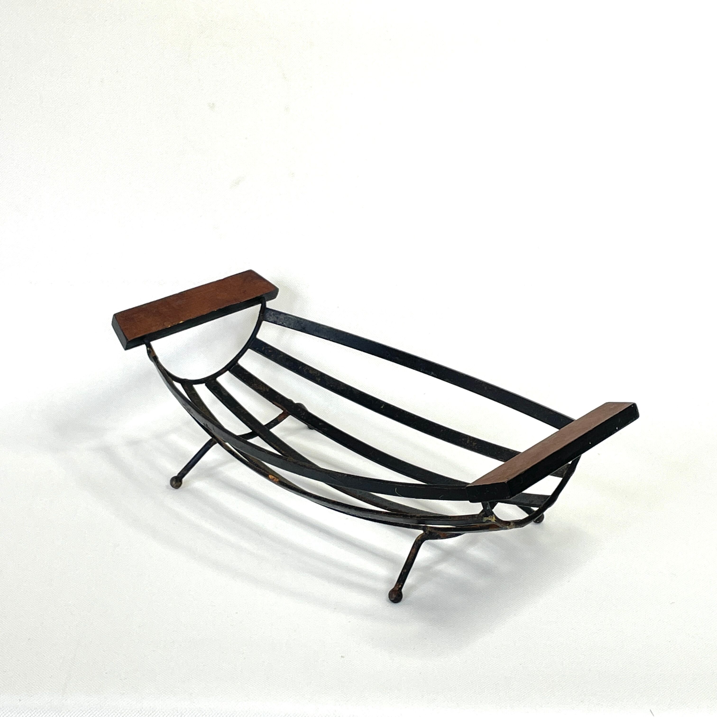 Vintage brutalist fruit basket in wrought iron and teak, 1950