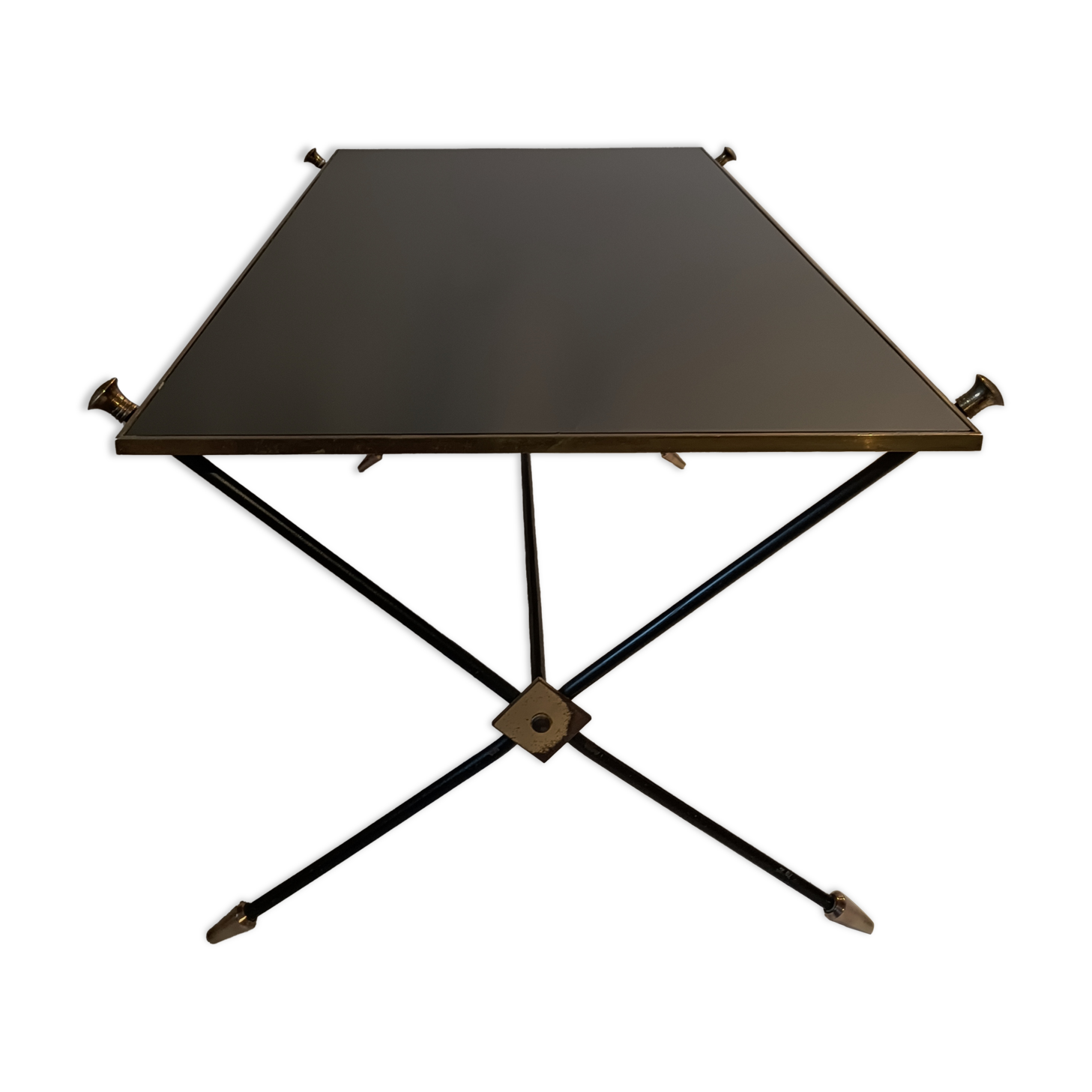 Coffee table in gilded brass, black metal and black opaline top, circa 1950