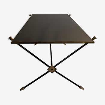 Coffee table in gilded brass, black metal and black opaline top, circa 1950