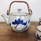 teapot and 4 cups in glazed stoneware - hand-painted blue décor