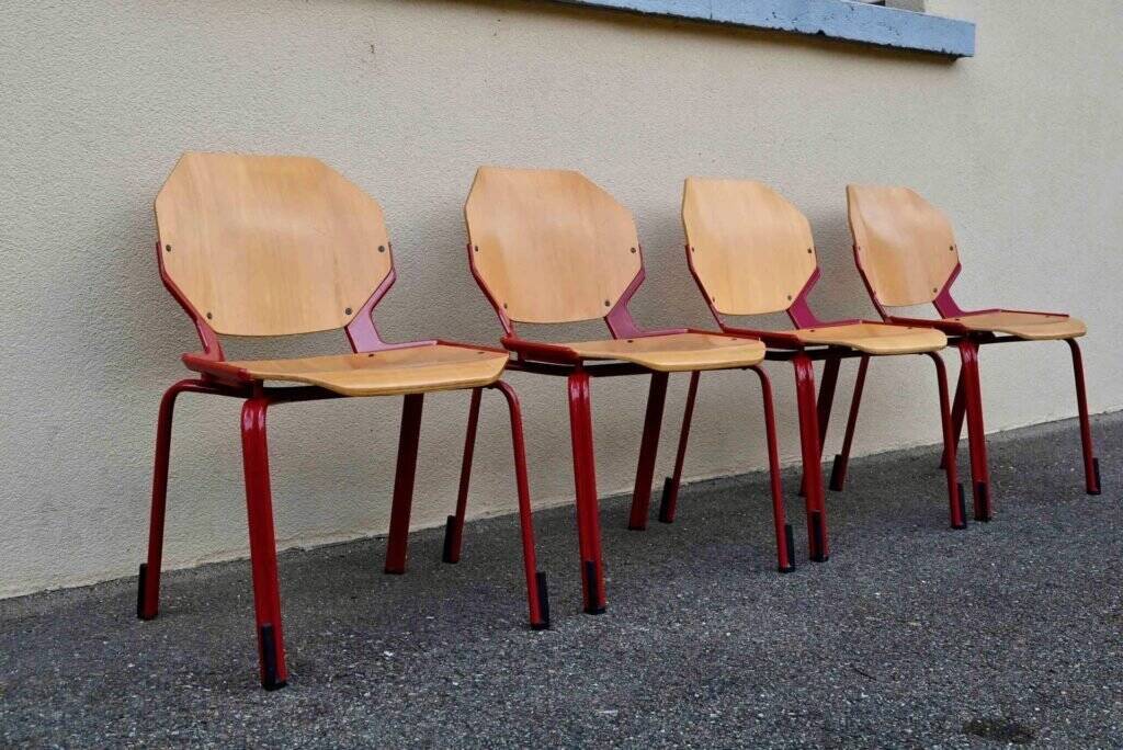 Set of 4 Design Chairs Rio Fröscher 1985 Postmodern Red Wood