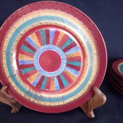 6 Japanese porcelain dessert plates with geometric decoration and men's heads
