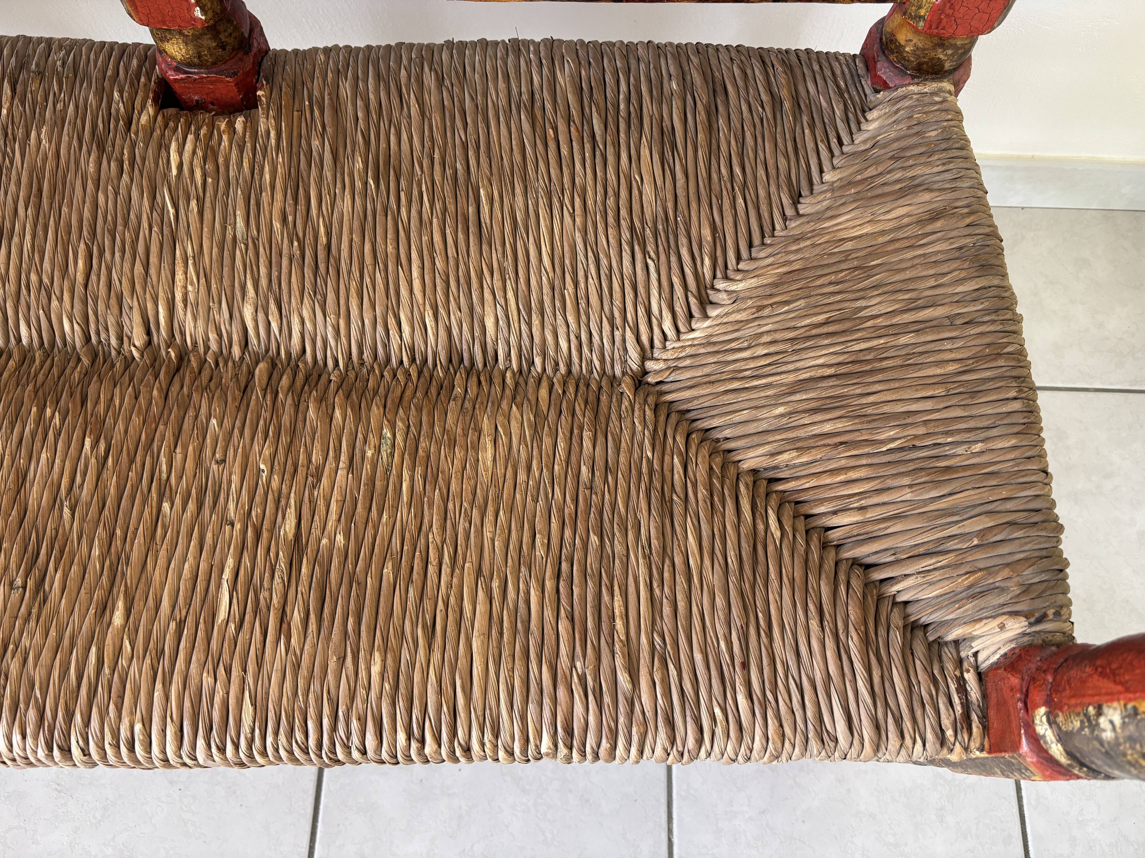 Vintage Spanish low chair in painted wood and straw (Majorca Andalusia)