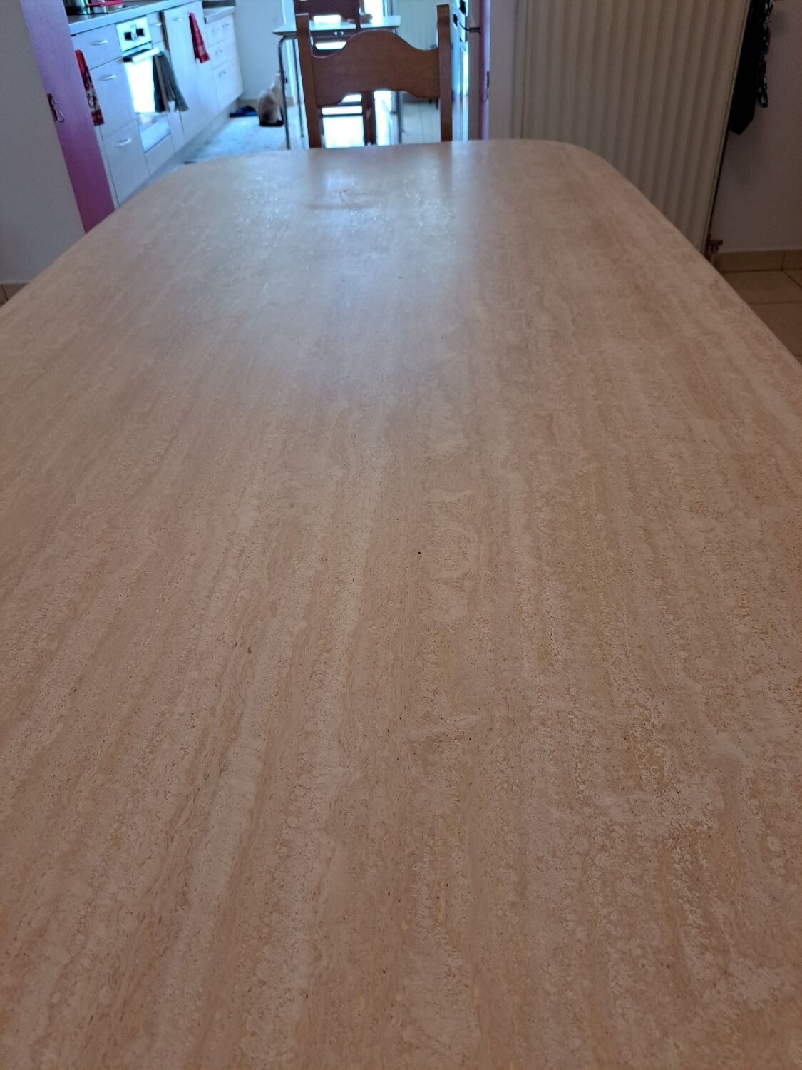 Travertine dining table.