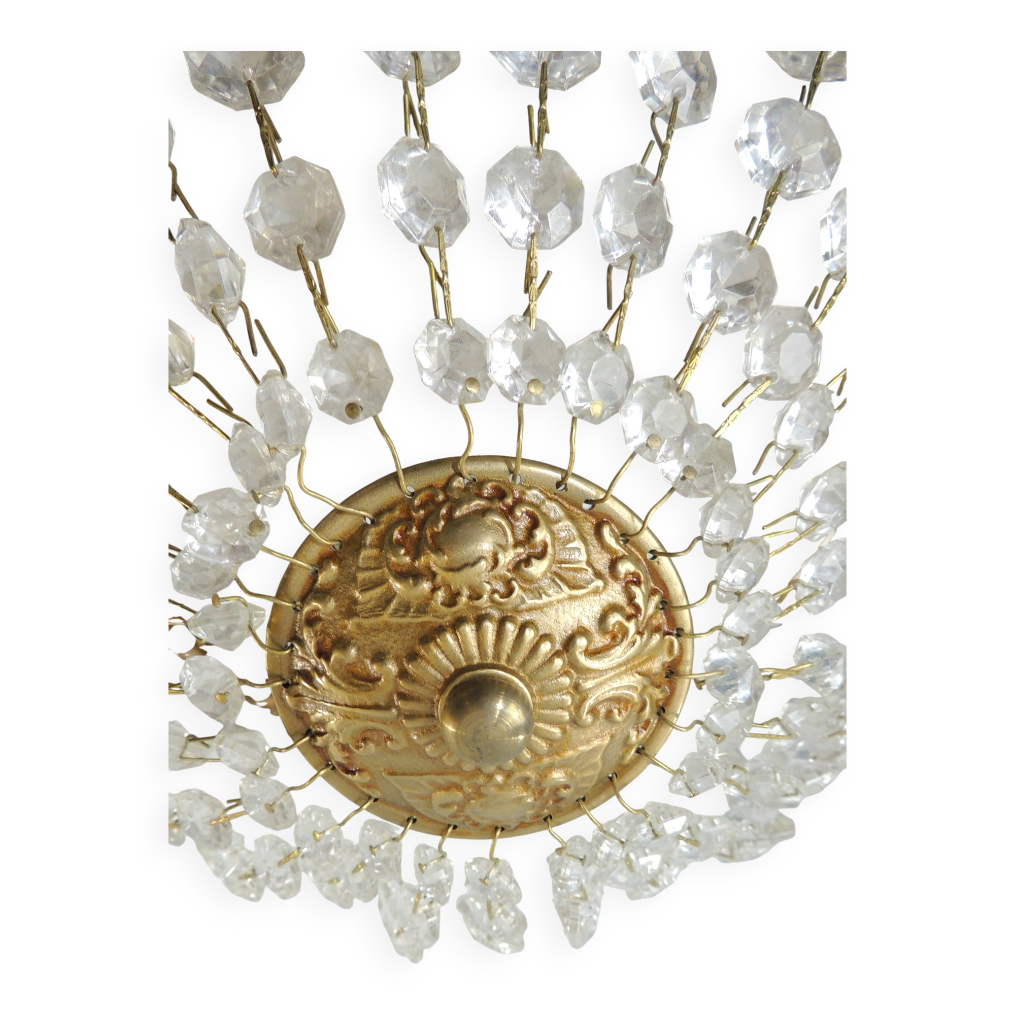 Antique crystal ceiling chandelier, Empire style, patinated gilt metal – pendant light