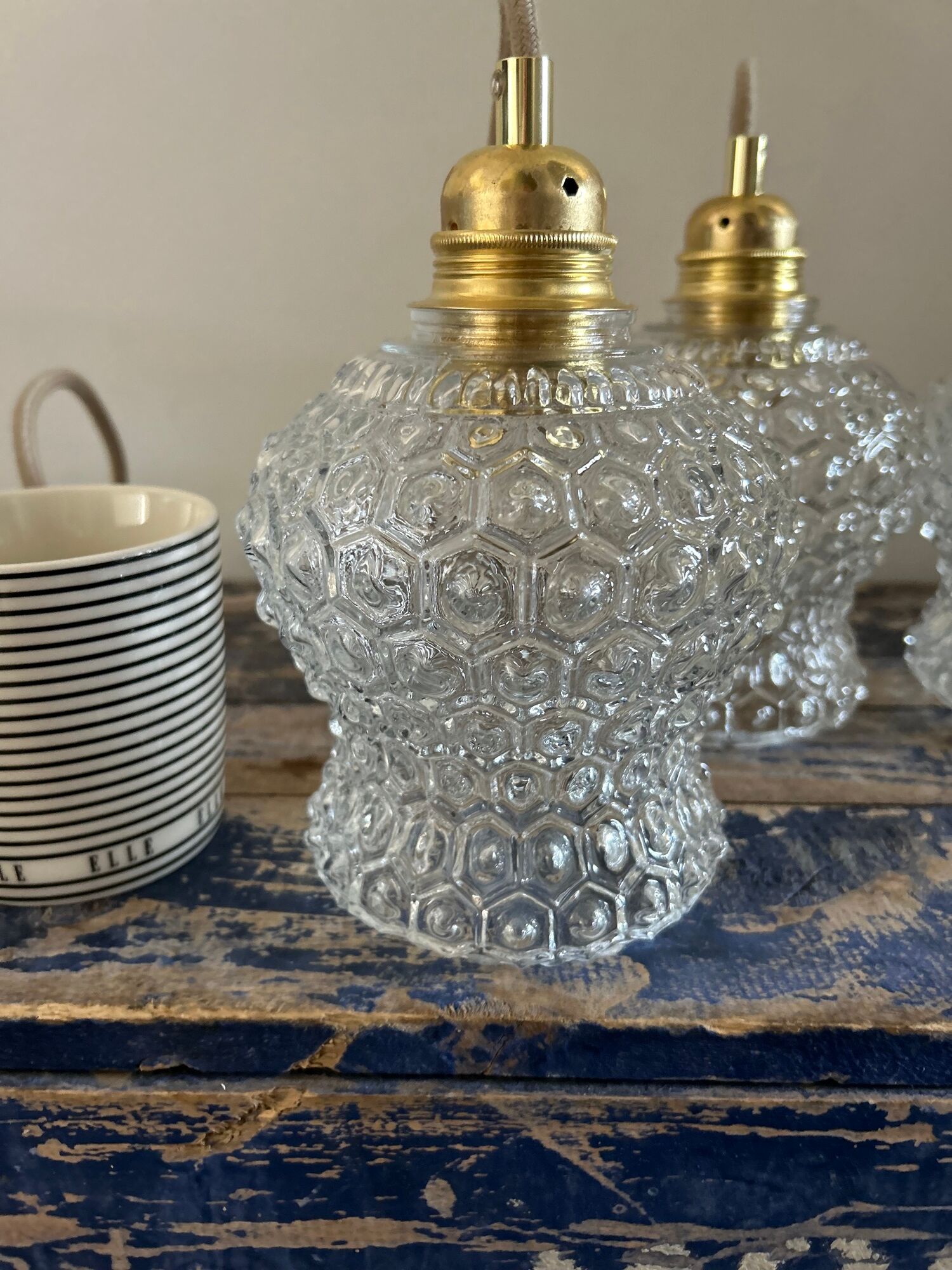 Set of three vintage pendant lamps in chiseled glass