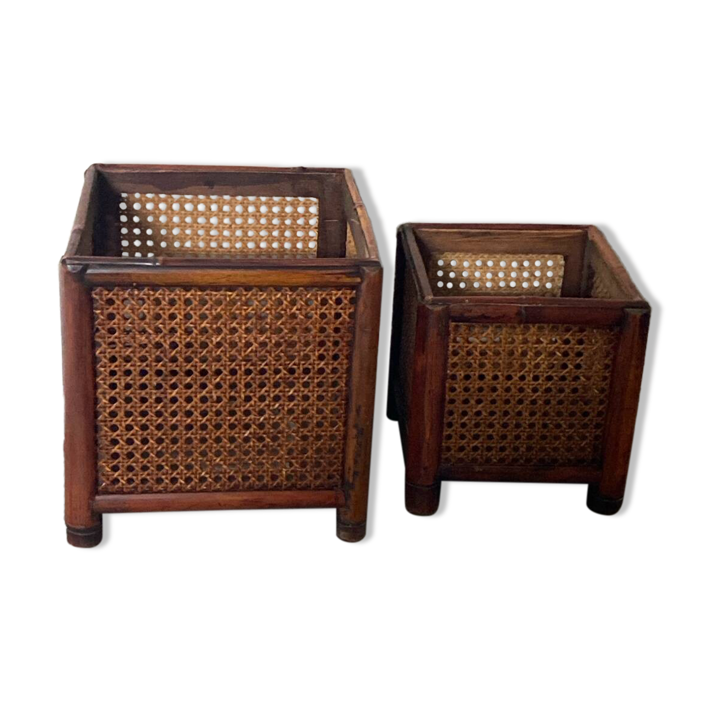 Caches-pots vintage en bois et cannage