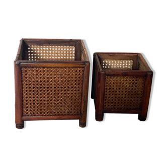 Caches-pots vintage en bois et cannage