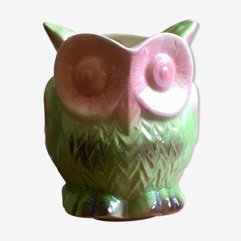 Pichet hibou, chouette vert et rose en céramique de Sarreguemines