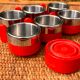 6 red cups and saucers from the Italian brand 'Morinos'.